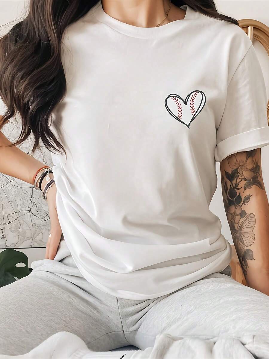 Camiseta Casual de Béisbol con Estampado de Corazón para Mujer - 100% Poliéster, Cuello Redondo y Manga Corta, Tejido Ligero Transpirable de 180gsm para Primavera/Verano, Lavable a Máquina - [Blanco] - Ver 1