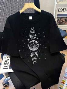 Camiseta de cuello redondo con estampado de luna y estrellas para mujer de talla grande, Tops para mujer de talla grande.Adecuado para atuendo de vacaciones de verano, casual, estilo callejero; regalo del Día de la Madre; regalo para mamá; top de manga corta para graduación; atuendo de regreso a la escuela; ceremonia de graduación; atuendo de verano para profesoras.Adecuado para uso diario, suburbios, festivales, playas, fiestas, escuelas, festivales de música, vacaciones, transporte y otras ocasiones.Camiseta esencial de manga corta negra - Negro - Ver 8