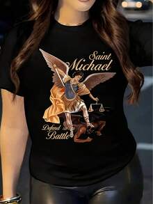 1 pieza de camiseta casual para mujer con estampado de San Miguel - manga corta, cuello redondo, con adornos, lavable a máquina, adecuada como regalo para hermanas/esposas/mujeres en primavera/verano/otoño, camiseta de mujer con diseño de moda de temporada, diseño audaz, material suave, ropa con temática religiosa, disfraz de Halloween, ropa de mujer, camisa, ropa de otoño para mujer, adecuada para Pascua, Halloween, Acción de Gracias, etc. 180g 100% Algodón - Negro - Ver 6