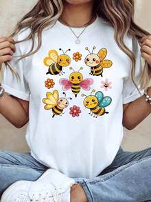 Women's Summer T-Shirt With Colorful And Adorable Bee And Flower Print, Casual Short-Sleeved Round Neck T-Shirt For Spring/Summer, Suitable For Casual Daily Wear, Holiday Gifts, Shopping And Travel. - 白色 - 查看 1