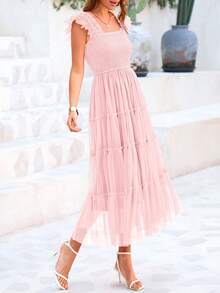 Women's Summer Mid-Length Dress Casual Sleeveless Pleats Ruffled Tulle Flowing New Year Party Wedding Guest Graduation Sundress - 淺粉 - 查看 5