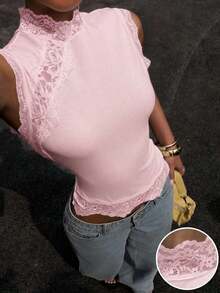 Camiseta de mujer con dobladillo asimétrico de encaje y parches - Rosa - Ver 4