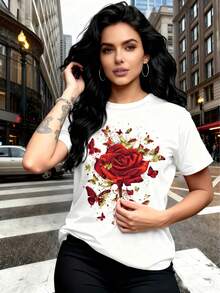 Camiseta de manga corta con cuello redondo y estampado "Rose Butterfly" 2026, estilo casual, longitud regular, adecuada para todas las estaciones. - Blanco - Ver 7