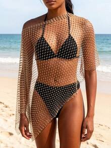 Women's Gold Fishnet Rhinestone Ponchos Tops Asymmetric Off One Shoulder Cut Out Mesh Cover Up Lingerie - Gold - View 2