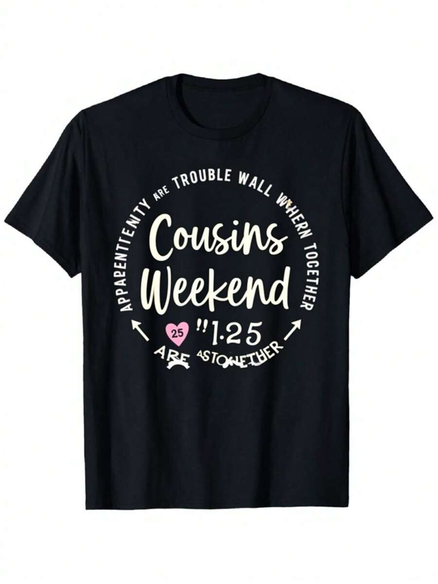 Matching T-Shirts For Cousins Weekend Family Reunion 2025 - Fun Vacation Travel Gift For Cousins, Casual Black Short Sleeve Crew Neck T-Shirts For Men And Women, Comfortable Regular Fit, Versatile For Casual Outfits, Cousins Trip Souvenirs, Clothing - 黑色 - 查看 1