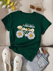 Camiseta gráfica casual de verano para mujer con estampado floral y de letras - verde oscuro - Ver 6