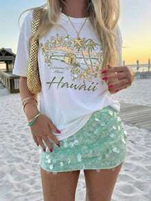 Camiseta Oversize para Mujer con Estampado Tropical de Palmeras "Bienvenidos a Maui, Hawái", Estilo Y2K, Ropa Casual Urbana de Manga Corta y Cuello Redondo, Top Vintage Retro con Estampado Hawaiano, Atuendo para Vacaciones de Verano en la Playa, Uso Diario, Citas para Café, Fiestas, Moda Vacacional para Adolescentes, Camiseta Gráfica Holgada y Moderna para Mujeres Jóvenes y Amantes de la Playa. 8LNI - Blanco - Ver 1