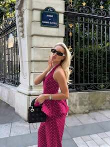 Elegante conjunto de 2 piezas sin estiramiento: top de tirantes con volantes y lunares y pantalones para mujeres en vacaciones de verano - Rosa Fucsia - Ver 6