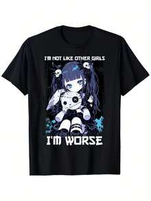 I'm Not Like Other Girls, I'm Worse - Gothic Grunge Anime T-Shirt - Black, Casual Loose Fit, With A Round Neck And Unique Graphic Design, Perfect For Anime And Streetwear Fans. Same Style For Men And Women. Short-Sleeved Printed T-Shirt For Summer 2026, 220G. | Exquisite Design | Loose And Comfortable | Easy To Match | - 黑色 - 查看 2