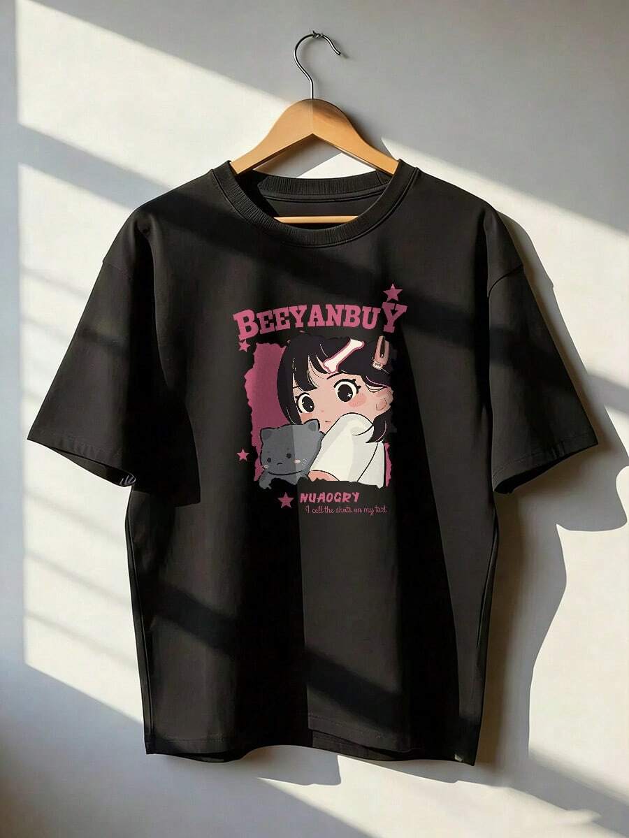 Stylish And Kawaii Short-Sleeve T-Shirt, A Short-Sleeve T-Shirt For Spring And Summer 2026, Made In Mexico, 180 Grams. Cartoon Print, Couple Design, Suitable For Indoor Or Outdoor Wear. Crew Neck, Unisex, Ideal For The Office And Leisure. One-Pack. - BK-P631577SLNDXZGY569 - 查看 1