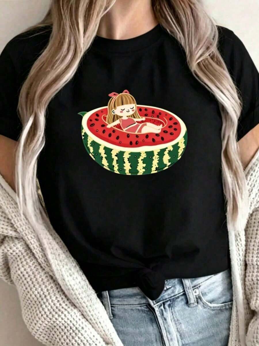 | 1 Playera para Mujer 100% Algodón Transpirable| Camiseta gráfica de sandía amarilla brillante para mujeres - Casual de manga corta y cuello redondo, lavable a máquina, perfecta para vacaciones de primavera/verano y diversión al aire libre - Ideal para el verano - Negro - Ver 1