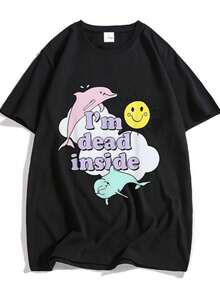 Women's T-Shirts I'm Dead Inside Dolphin Tshirts 100% Cotton  Shirts Couples Loose Tees Menwomen Short Sleeve T Shirt Cute Animal T-Shirt - 黑色 - 查看 1