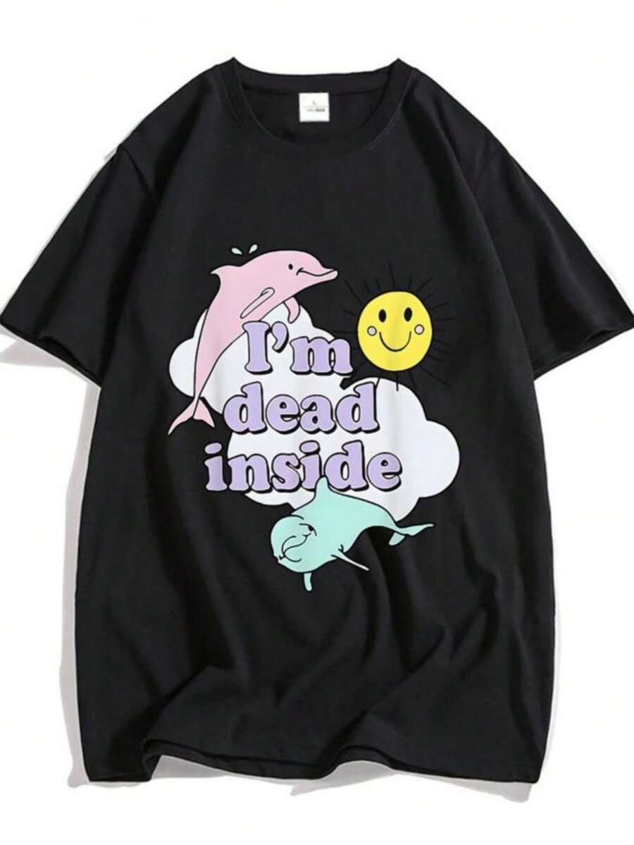 Women's T-Shirts I'm Dead Inside Dolphin Tshirts 100% Cotton Shirts Couples Loose Tees Menwomen Short Sleeve T Shirt Cute Animal T-Shirt - 黑色 - 查看 1