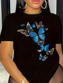 Camiseta Elegante con Estampado de Mariposas para Mujer - Rayón Suave, Cuello Redondo, Manga Corta, Estilo Casual y Deportivo para Todas las Temporadas - Negro - Ver 6