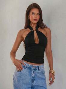 Camiseta sin espalda con cuello halter y decoración de hebilla de metal hueca sexy para mujer - Negro - Ver 4