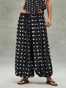 Pantalones sueltos de mujer con cordón y estampado de lunares tejido informal - Blanco y Negro - Ver 2