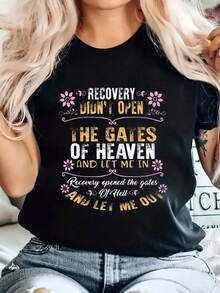 Camiseta de mujer con cita inspiradora - "La puerta al cielo no está abierta" - Cuello redondo, manga corta, top casual con apliques florales decorativos, serie Primavera/Verano 2026, tops para mujer - Estilo callejero vintage, unisex, holgada, de algodón, manga corta, cuello redondo, 100% algodón puro. - Negro - Ver 6