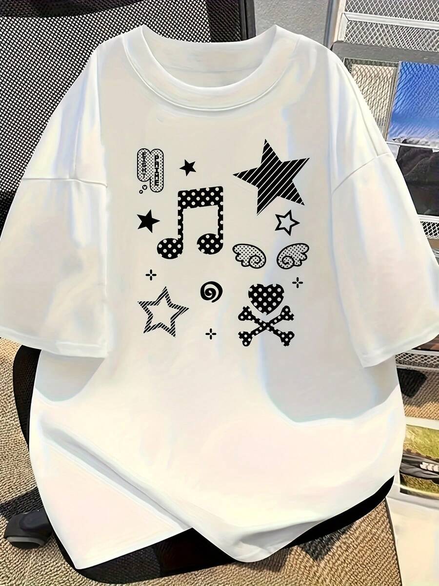 Fashionable Women's T-Shirt With Star Letter Print, Custom-Developed And Targeted, Casual Summer Short Sleeve - Woven Polyester Fabric, Perfect Choice For Summer - Unisex Short-Sleeved Cotton T-Shirt, Round Neck, Urban Vintage Style And Loose Fit. - 白色 - 查看 1