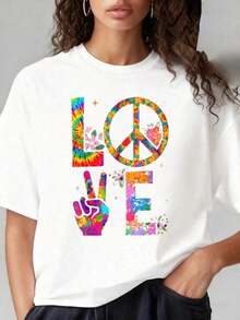 Camiseta Casual de Manga Corta con Cuello Redondo y Estampado de CasualWo, Camiseta con Diseño Tie Dye y Símbolo de Amor y Paz, Camiseta Negra de Diseño Floral Colorido de Wo, Camiseta Gráfica Estilo Hippie, Top de Moda de Verano, Adecuada para Fiestas de Navidad, Actividades Deportivas, Fiestas de Vacaciones, Salidas, Deportes y Otros Regalos Festivos. Imprescindible - Blanco - Ver 7