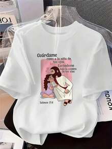Camiseta de mujer de 1 pieza con estampado de Jesús abrazando, camiseta de manga corta para primavera/verano, el regalo perfecto para las fiestas, top casual cómodo y versátil con elementos de feCamiseta Algodón - Blanco - Ver 7