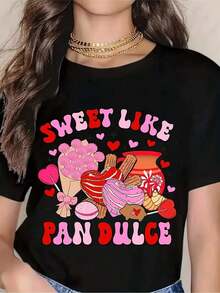 Camiseta Deportiva de Moda para Mujer - Camiseta con Gráfico de Concha de San Valentín Mexicano con Dulces y Corazones, Suave, Transpirable, Ligera, de Manga Corta y Cuello Redondo, Top Casual Unisex para Regalo de San Valentín, Ropa Inspirada en Pan de Muerto |     Corte relajado |     Plus Sizeplayeras de mujer - Negro - Ver 8