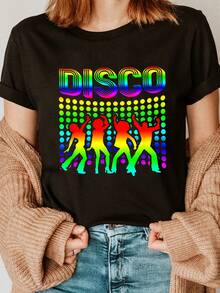 Camiseta Retro para Mujer con Estampado Gráfico de Baile Disco para 4 Personas - Manga Corta, Cuello Redondo, Estilo Casual con Colores Vibrantes en Degradado, Tela Semitransparente para Verano y Primavera, Lavable a Máquina, Camiseta de Moda Primavera, Ropa con Temática Disco, Camisa Semitransparente - Negro - Ver 1
