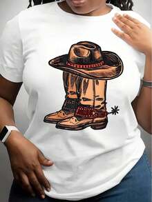 ropa de mujer Camiseta Blanca con Estampado de Sombrero y Botas de Vaquero para Uso Casual y Eventos de Música Country camisas de mujer - Blanco - Ver 6