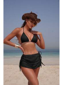 Bikini Sexy de 3 Piezas para Mujer, Set de Playa con Cordones y Diseño Ajustable, Color Sólido - 9363 Juego de tres piezas negro - Ver 9