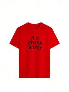 Camiseta Holgada Sencilla Mujer Estilo Moderno Women's Slogan Print Crew Neck Short Sleeve Casual T-Shirt, Gift For Wife, Newlyweds, Engagement, Honeymoon White Summer Camiseta Mujer Estampado Gráfico  Verano 2026 - Rojo - Ver 4