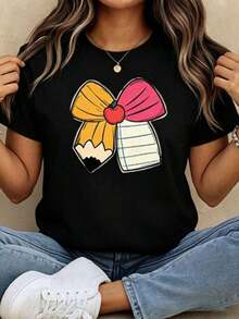 Women's Simple Loose Fit T-Shirt, Modern Style, Short Sleeve Pencil Print T-Shirt, Round Neck, Women's T-Shirts, Graphic Blouses For Women. New Stylish T-Shirt - Ideal For Summer. Women's Graphic Print T-Shirt Summer 2026 - 黑色 - 查看 6