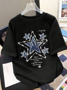 Camiseta de mujer Y2K con pentagrama, flores y letras creativas, camiseta cómoda y colorida, blusas para mujer, tops de mujer, blusas, tops, camisas. - Negro - Ver 6