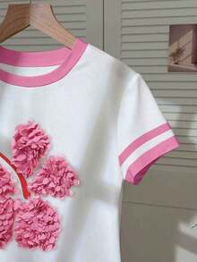 Camiseta de manga corta casual de cuello redondo con estampado de corazón para mujer de talla grande - Multicolor - Ver 4