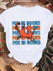Elegant And Casual Women's Short-Sleeved Fox Print T-Shirt With Socks For Halloween, White Casual Wear For Autumn And Winter. - 白色 - 查看 3