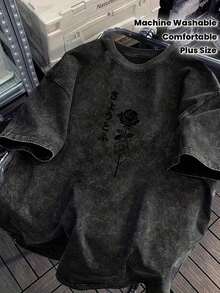 1 pieza Camiseta Oversized Negra para Hombre, Hecha a Mano con Amor, 230 g/m², 100% Algodón, Lavado Vintage - Estampado Gráfico Retro Desgastado, Cuello Redondo, Manga Corta, Corte Holgado, Estilo Casual y Bohemio, Comodidad para Todas las Temporadas, Lavable a Máquina, Tallas Grandes y Altas para Uso Diario y en Ocasiones Especiales, Corte Relajado, Diseño Minimalista, Material Cómodo, Ropa Unisex, para Amantes del Streetwear, TALLA GRANDE Camia Elegant Mujer Motif Ropa para Mujer 180g Algodón 100% - Negro - Ver 1