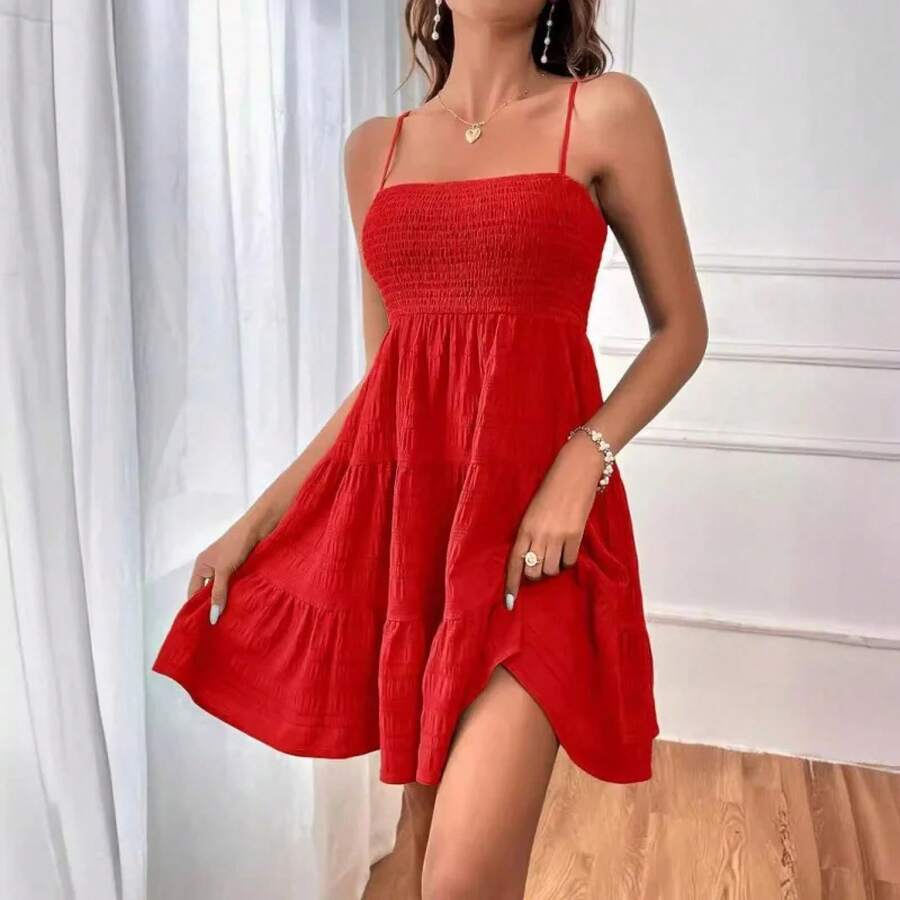 Vestido Mini de Tirantes Finos con Escote Fruncido para Mujer, Vestido Azul con Volantes en Capas, Vestido Informal de Verano para Vacaciones en la Playa - Rojo - Ver 1