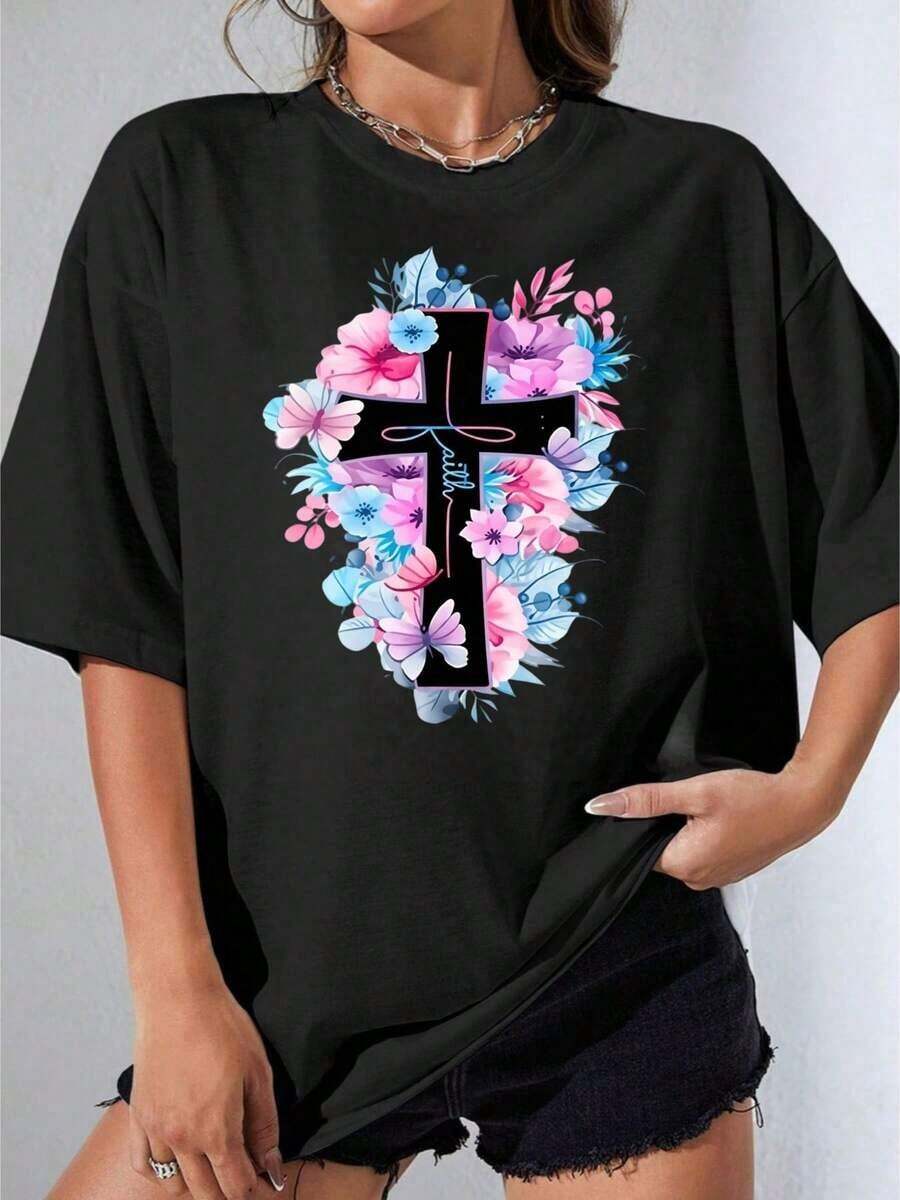 Camiseta Negra y Blanca para Mujer con Estampado Floral de Cruz, Diseño Religioso Cristiano con Flores Rosas y Azules y Mariposa, para Uso Casual, Ropa de Iglesia, Moda de Verano, Fiesta al Aire Libre, Camiseta Estampada Casual de 180g - Negro - Ver 1