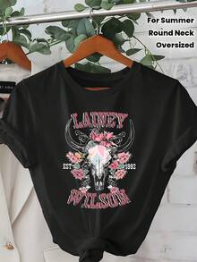Camiseta estampada de talla grande, diseño de calavera de vaquero del oeste, mangas cortas y cuello redondo, adecuada para primavera y verano, ropa de mujer de talla grande, talla extra grande. - Negro - Ver 7
