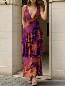 Vestido Tirantes Estampado Floral Primavera Vestido Pastel Estilo Europeo Elegante Con Estilo Para Mujer - Morado - Ver 4