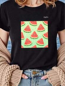 Oferta por tiempo limitado, cantidad limitada disponible,  relámpago, camisas de mujer, camisetas de mujer Playera Casual Blanca de Mujer con Diseño Lindo de Sandía, Camiseta Manga Corta Cuello Redondo, Estilo Kawaii , Ropa Comoda para Jovenes y Uso Diario - Negro - Ver 2
