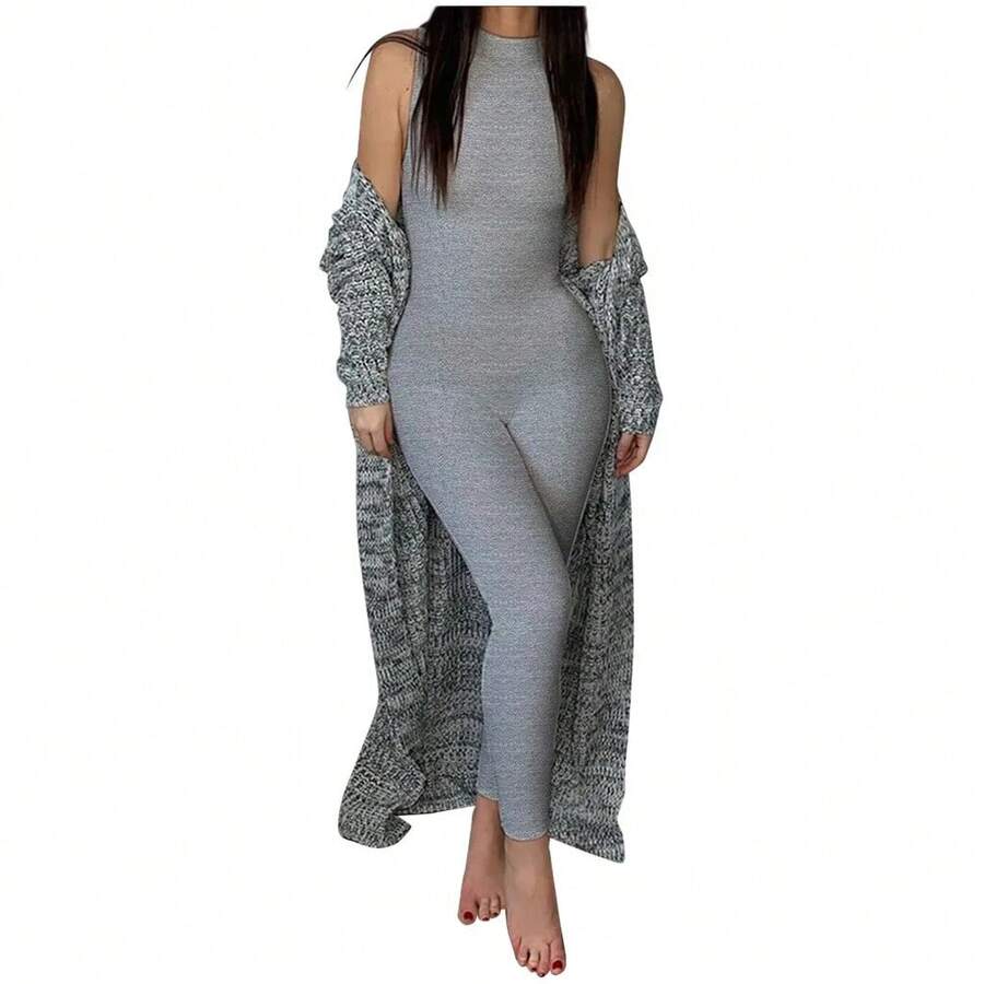 Mono tipo lápiz para mujer, nueva temporada completa, mono deportivo informal para Fitness, ropa deportiva ajustada sin mangas, mono todo en uno - Gris - Ver 1