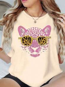 Casual Short Sleeve T-Shirt With Pink Leopard Print For Spring And Summer, Women's Clothing, Round Neck, 100% Cotton, Soft Fabric, Short Sleeve - 杏色 - 查看 6