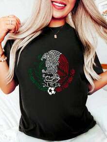 100% Cotton Mexico Flag Mexican Eagle Soccer Men Women Boys Girls T-Shirt Women's Men's Oversized Comfort Soft Crew Neck Tee Tops - Negro - Ver 1