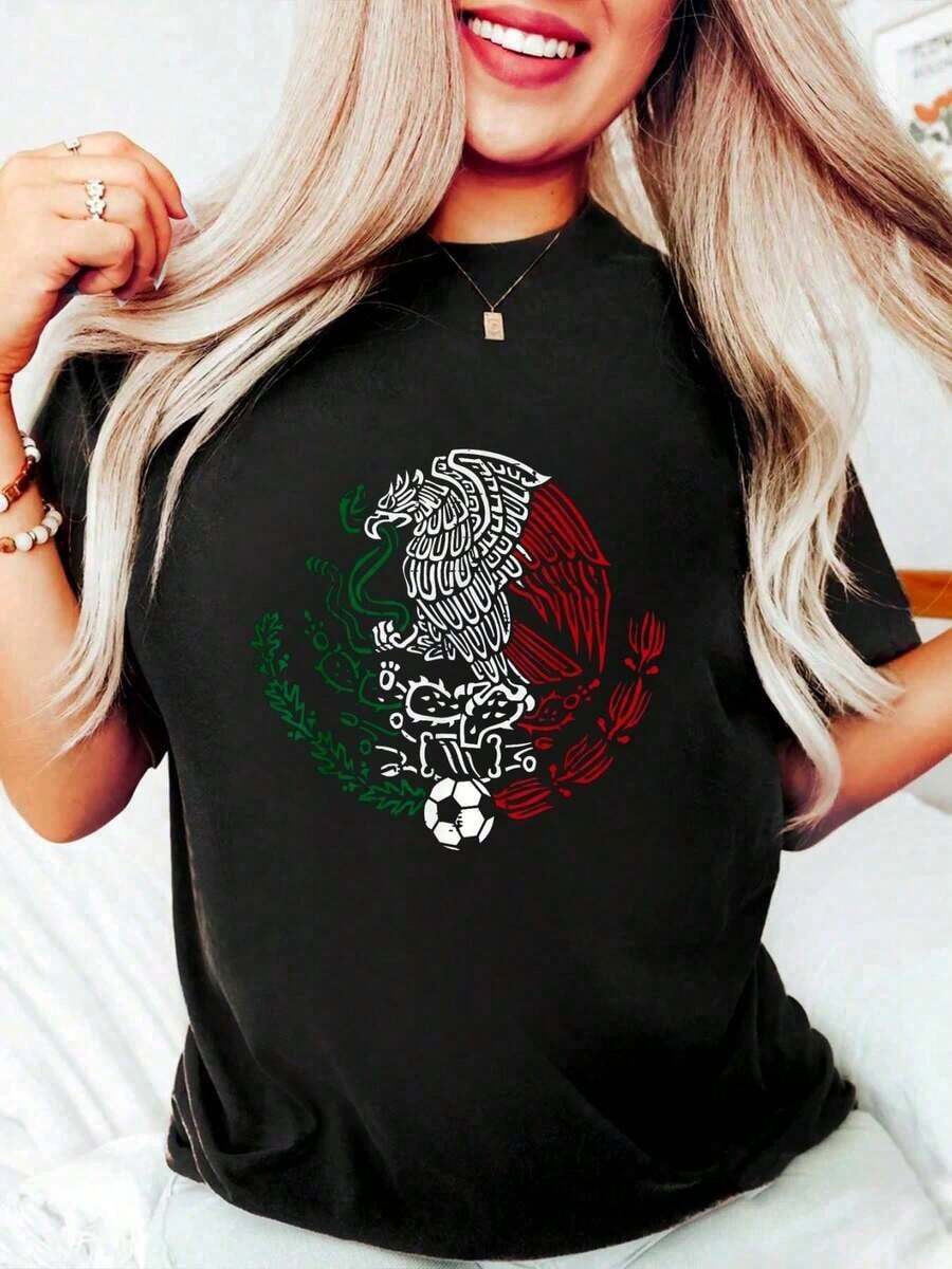 100% Cotton Mexico Flag Mexican Eagle Soccer Men Women Boys Girls T-Shirt Women's Men's Oversized Comfort Soft Crew Neck Tee Tops - Negro - Ver 1