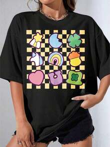 Camisetas de Mujer, Manga Corta Casual para Fiesta, Camiseta Oversize OneCute de Color Blanco con Estampado de Arcoíris, Estrella, Luna, Trébol, Corazón y Cupcake para Uso Casual y Estilo Diario 180g - Negro - Ver 7