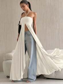 Vestido elegante sin mangas estilo halter diseño exclusivo, corte ajustado con abertura amplia, estilo versátil y único - Albaricoque - Ver 2