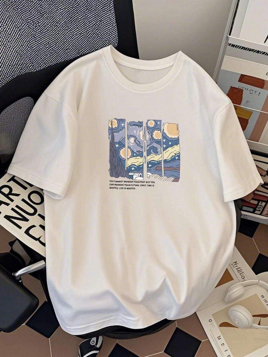 Limited EditionKpop Night Print Men-Shirts Short Sleeve Fashion Streetwear Harajuku Oversize Male Tees O-Neck Unisex Y2k ClothingLightweight Cotton - 白色 - 查看 1