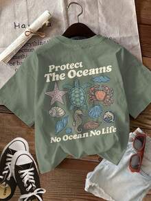 Limited Edition Graphic Print T-Shirt, Short Sleeves, Round Neck, Casual Top For Summer And Spring, Women's Clothing, Lightweight Cotton. - 綠色 - 查看 2