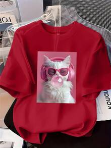 Camiseta de manga corta para mujer, estampada con diseño de gato, cuello redondo, estilo casual para todas las estaciones, ideal para vacaciones de verano. - Negro - Ver 8
