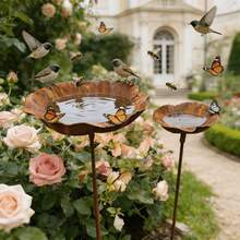 2pcs Rusty Metal Floral Decorative Bird Bath Feeder, Vintage Distressed Garden Art, Yard Lawn Backyard Decoration Bird Feeder - Bird Feeder - View 1