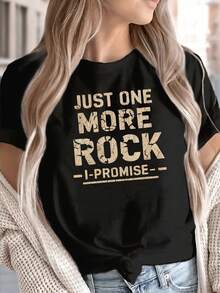 Women's Casual Crew Neck T-Shirt, 100% Polyester Fabric, Regular Length, With Geometric Rock Typography Design, For All Seasons, Everyday Fashion | Crew Neck T-Shirt | Comfortable Fit Suitable For Spring, Summer And Autumn - 黑色 - 查看 2